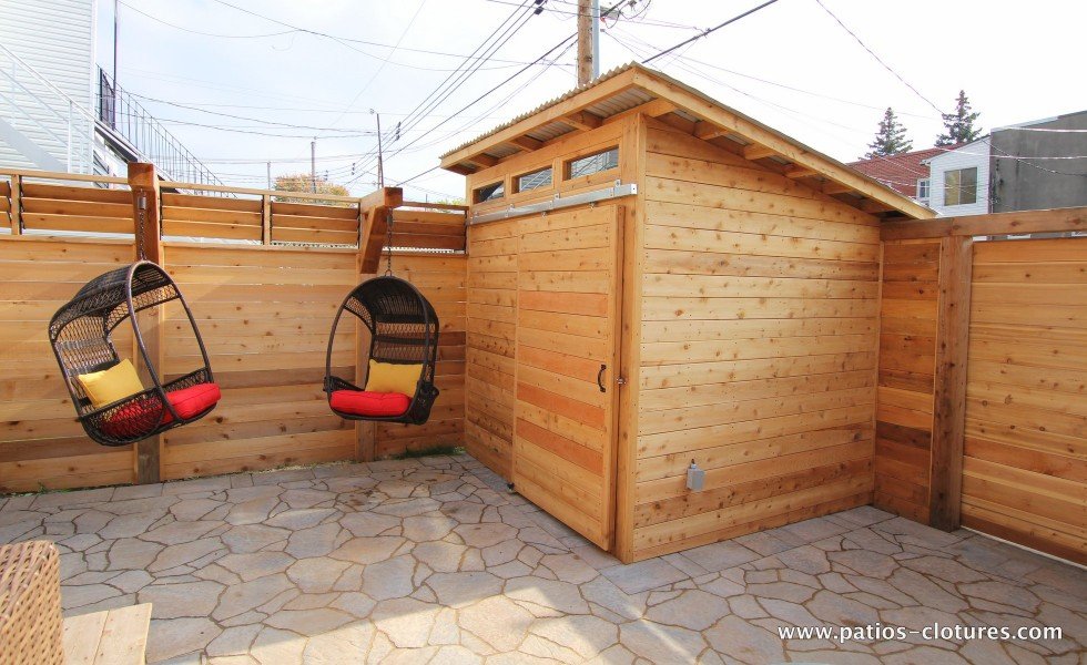 Fence and shed with sliding door